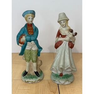 Vintage Porcelain Colonial Couple Figurines Hand Painted Blue Rust 8 Inch Pair